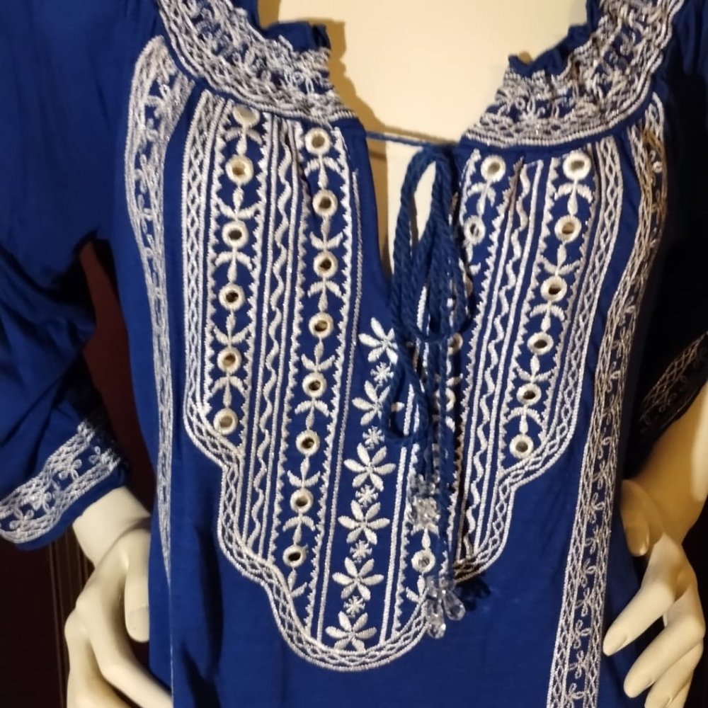 INC International Concepts Women's Royal blue, Embroidered/Mirrored Peasant Top - Picture 6 of 13